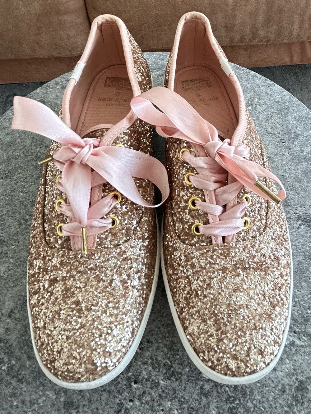 kate spade Glitter Lace-Up Sneakers in Rose Gold with Pink Ribbon Laces